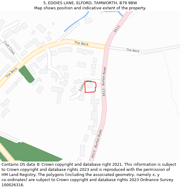 5, EDDIES LANE, ELFORD, TAMWORTH, B79 9BW: Location map and indicative extent of plot
