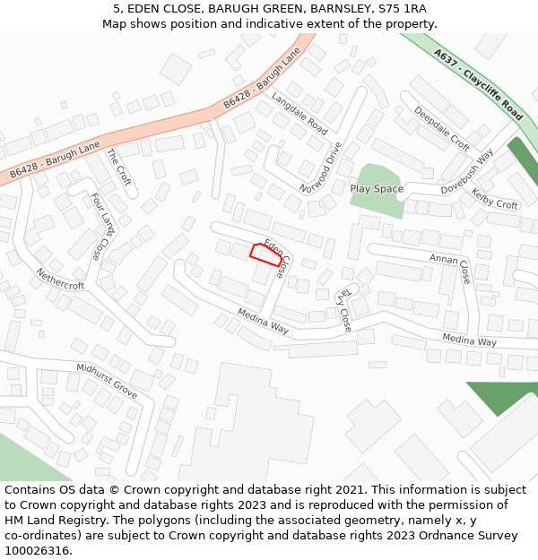 5, EDEN CLOSE, BARUGH GREEN, BARNSLEY, S75 1RA: Location map and indicative extent of plot