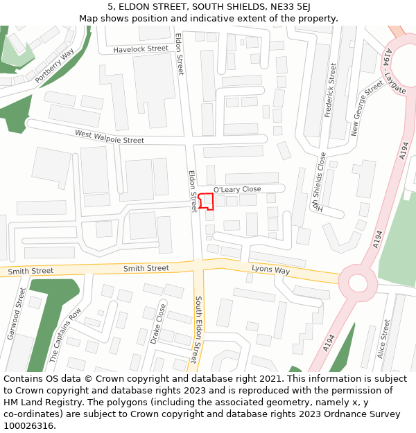 5, ELDON STREET, SOUTH SHIELDS, NE33 5EJ: Location map and indicative extent of plot