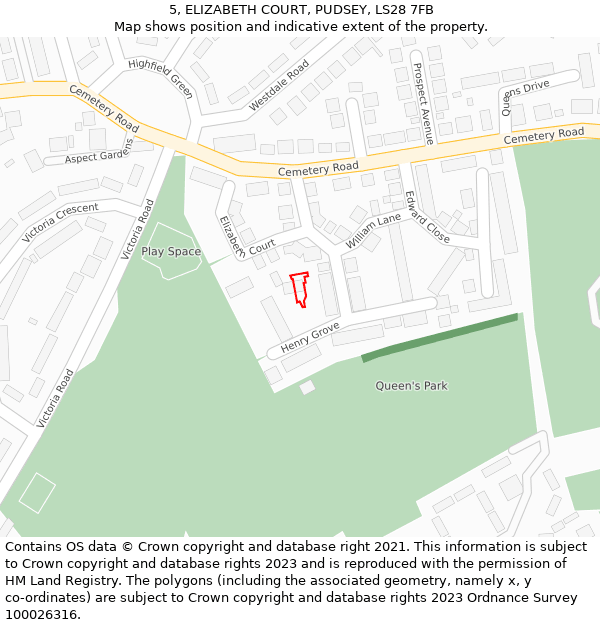 5, ELIZABETH COURT, PUDSEY, LS28 7FB: Location map and indicative extent of plot