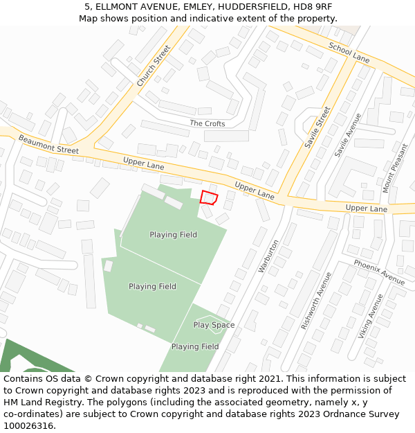 5, ELLMONT AVENUE, EMLEY, HUDDERSFIELD, HD8 9RF: Location map and indicative extent of plot