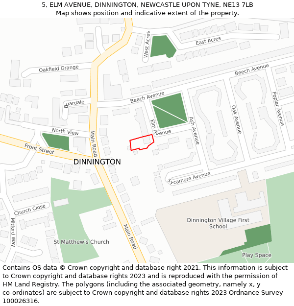 5, ELM AVENUE, DINNINGTON, NEWCASTLE UPON TYNE, NE13 7LB: Location map and indicative extent of plot