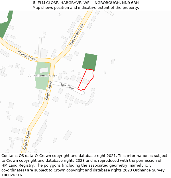 5, ELM CLOSE, HARGRAVE, WELLINGBOROUGH, NN9 6BH: Location map and indicative extent of plot