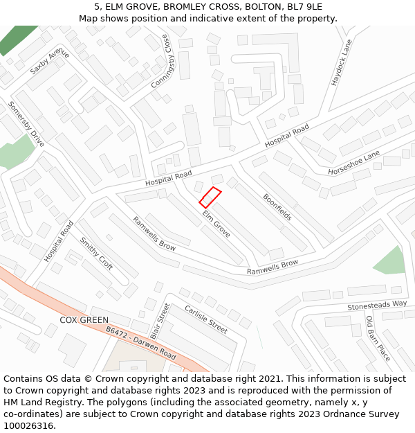 5, ELM GROVE, BROMLEY CROSS, BOLTON, BL7 9LE: Location map and indicative extent of plot
