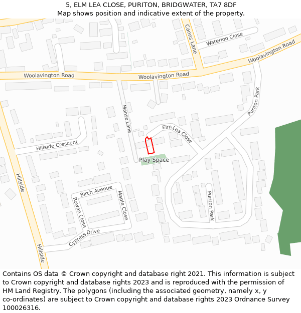 5, ELM LEA CLOSE, PURITON, BRIDGWATER, TA7 8DF: Location map and indicative extent of plot