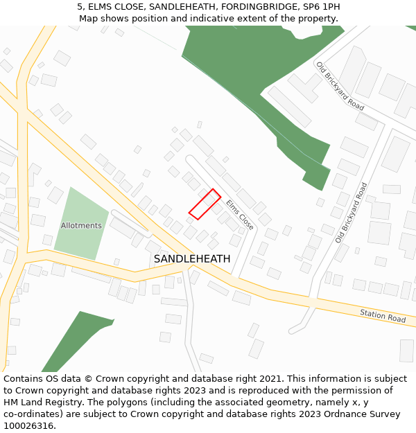 5, ELMS CLOSE, SANDLEHEATH, FORDINGBRIDGE, SP6 1PH: Location map and indicative extent of plot