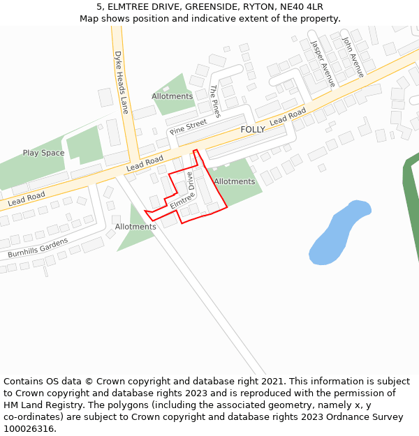 5, ELMTREE DRIVE, GREENSIDE, RYTON, NE40 4LR: Location map and indicative extent of plot