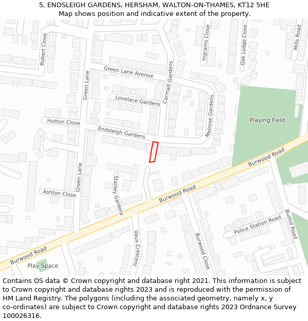 5, ENDSLEIGH GARDENS, HERSHAM, WALTON-ON-THAMES, KT12 5HE: Location map and indicative extent of plot