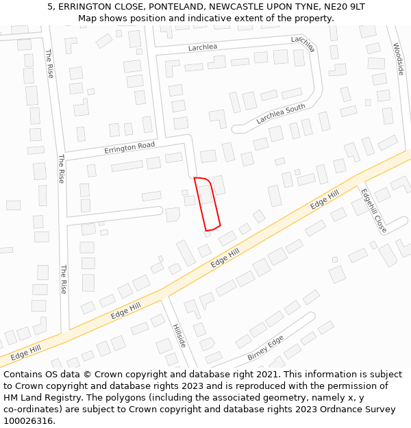 5, ERRINGTON CLOSE, PONTELAND, NEWCASTLE UPON TYNE, NE20 9LT: Location map and indicative extent of plot