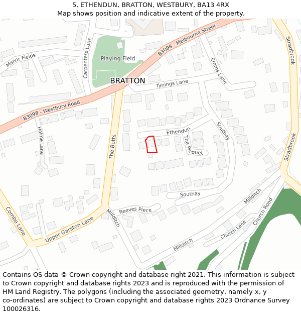 5, ETHENDUN, BRATTON, WESTBURY, BA13 4RX: Location map and indicative extent of plot