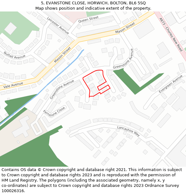 5, EVANSTONE CLOSE, HORWICH, BOLTON, BL6 5SQ: Location map and indicative extent of plot