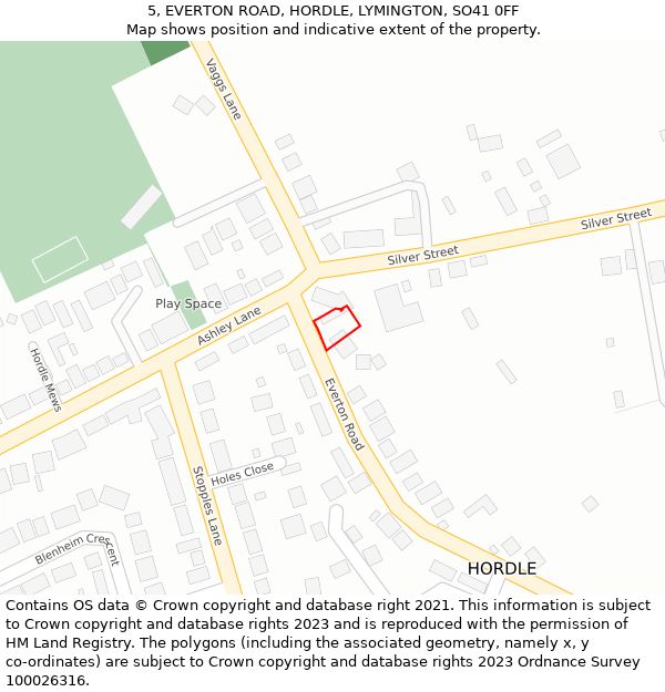 5, EVERTON ROAD, HORDLE, LYMINGTON, SO41 0FF: Location map and indicative extent of plot