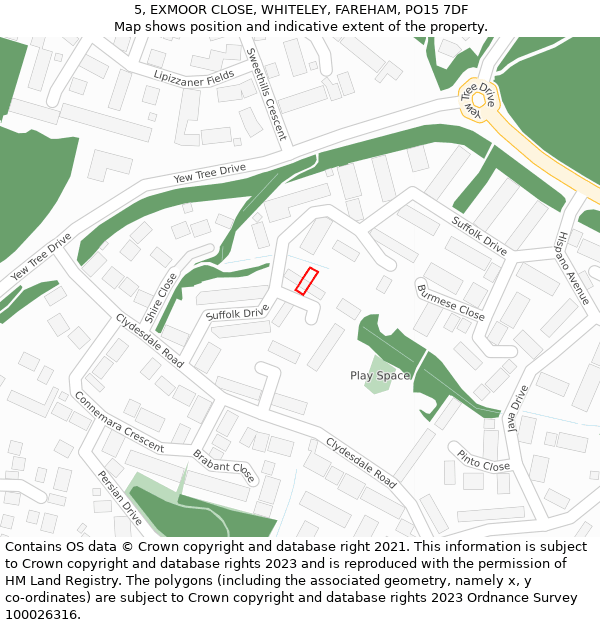 5, EXMOOR CLOSE, WHITELEY, FAREHAM, PO15 7DF: Location map and indicative extent of plot