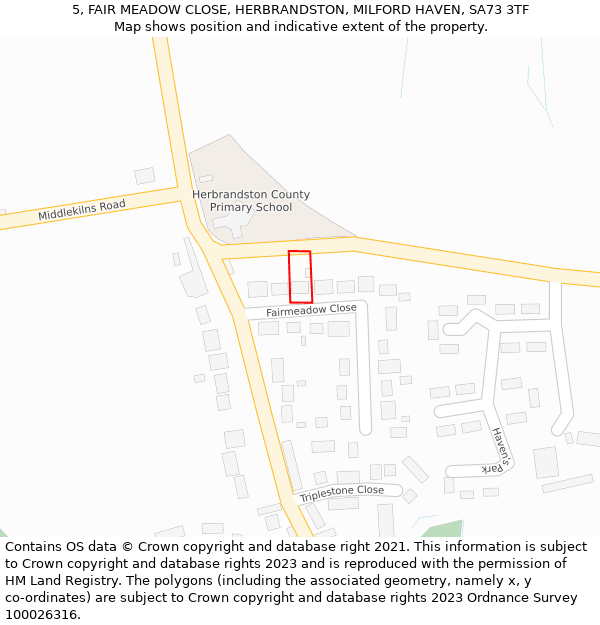 5, FAIR MEADOW CLOSE, HERBRANDSTON, MILFORD HAVEN, SA73 3TF: Location map and indicative extent of plot