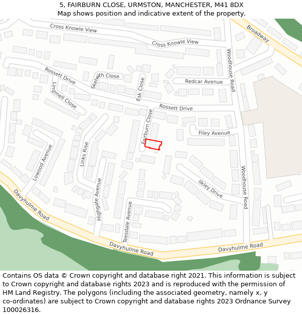 5, FAIRBURN CLOSE, URMSTON, MANCHESTER, M41 8DX: Location map and indicative extent of plot
