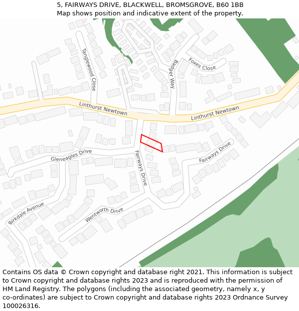5, FAIRWAYS DRIVE, BLACKWELL, BROMSGROVE, B60 1BB: Location map and indicative extent of plot