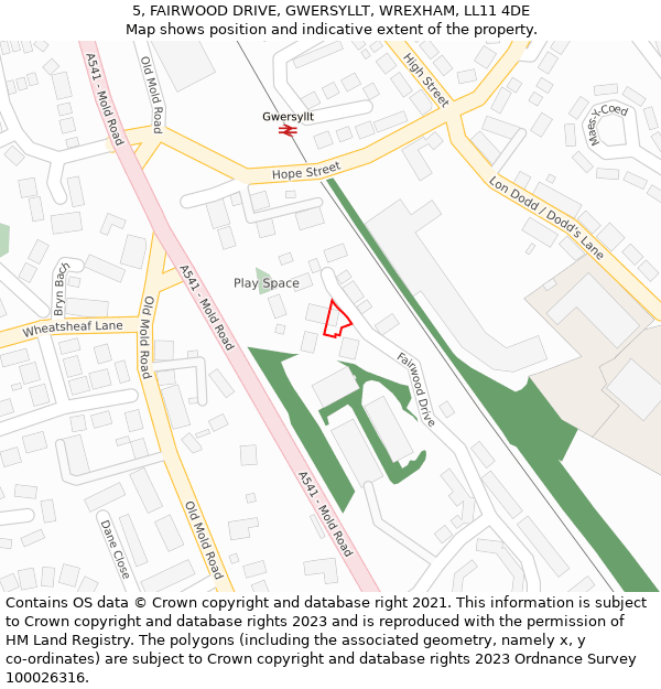 5, FAIRWOOD DRIVE, GWERSYLLT, WREXHAM, LL11 4DE: Location map and indicative extent of plot