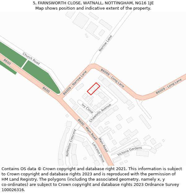 5, FARNSWORTH CLOSE, WATNALL, NOTTINGHAM, NG16 1JE: Location map and indicative extent of plot