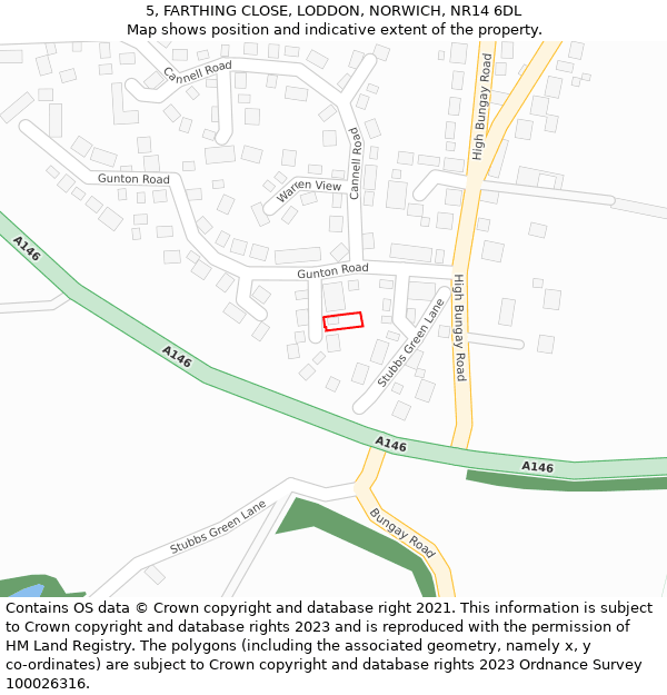 5, FARTHING CLOSE, LODDON, NORWICH, NR14 6DL: Location map and indicative extent of plot