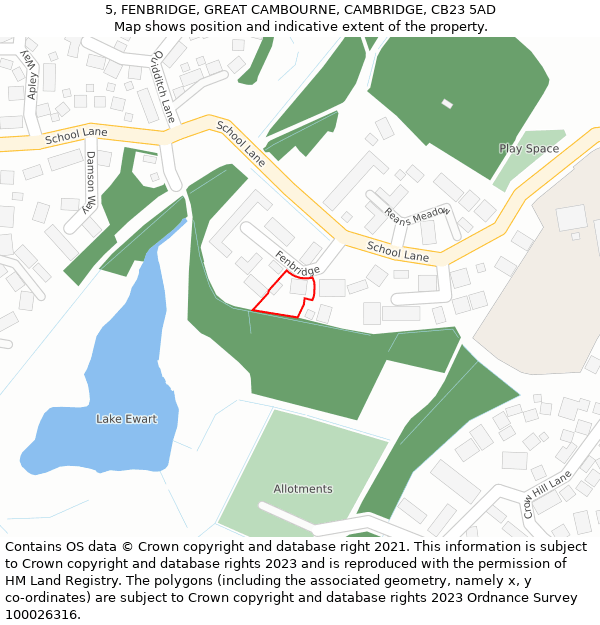 5, FENBRIDGE, GREAT CAMBOURNE, CAMBRIDGE, CB23 5AD: Location map and indicative extent of plot