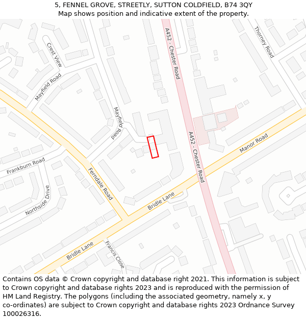 5, FENNEL GROVE, STREETLY, SUTTON COLDFIELD, B74 3QY: Location map and indicative extent of plot