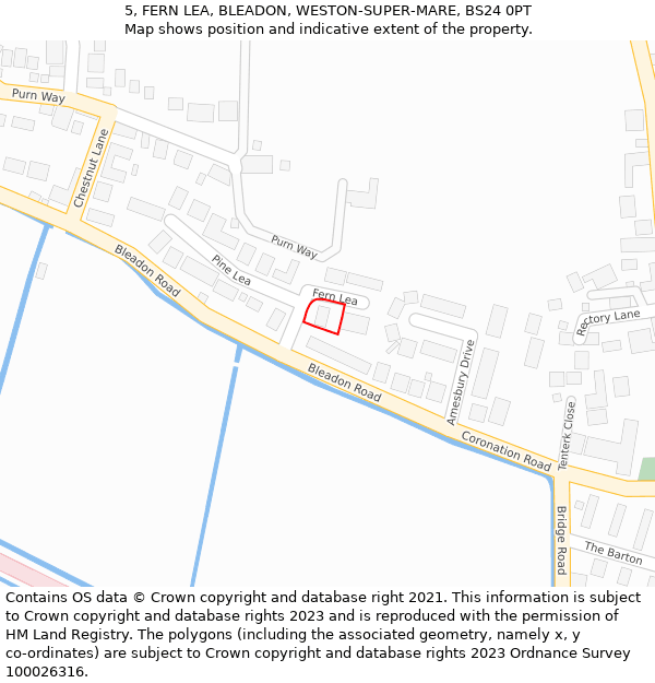 5, FERN LEA, BLEADON, WESTON-SUPER-MARE, BS24 0PT: Location map and indicative extent of plot