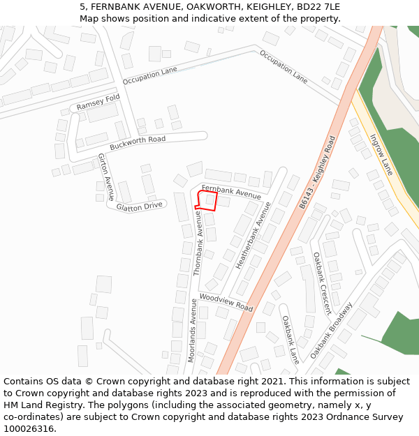 5, FERNBANK AVENUE, OAKWORTH, KEIGHLEY, BD22 7LE: Location map and indicative extent of plot