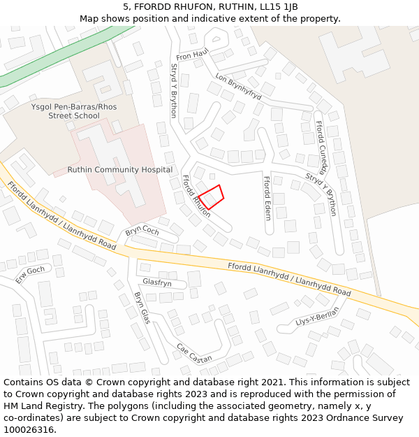 5, FFORDD RHUFON, RUTHIN, LL15 1JB: Location map and indicative extent of plot