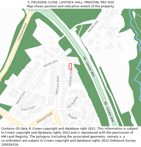 5, FIELDSIDE CLOSE, LOSTOCK HALL, PRESTON, PR5 5UD: Location map and indicative extent of plot