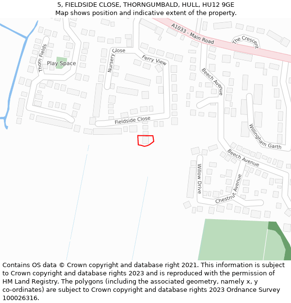 5, FIELDSIDE CLOSE, THORNGUMBALD, HULL, HU12 9GE: Location map and indicative extent of plot