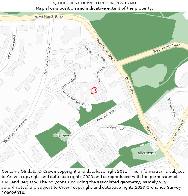 5, FIRECREST DRIVE, LONDON, NW3 7ND: Location map and indicative extent of plot