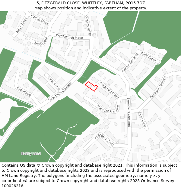 5, FITZGERALD CLOSE, WHITELEY, FAREHAM, PO15 7DZ: Location map and indicative extent of plot