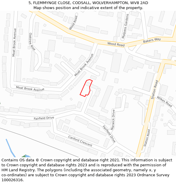 5, FLEMMYNGE CLOSE, CODSALL, WOLVERHAMPTON, WV8 2AD: Location map and indicative extent of plot