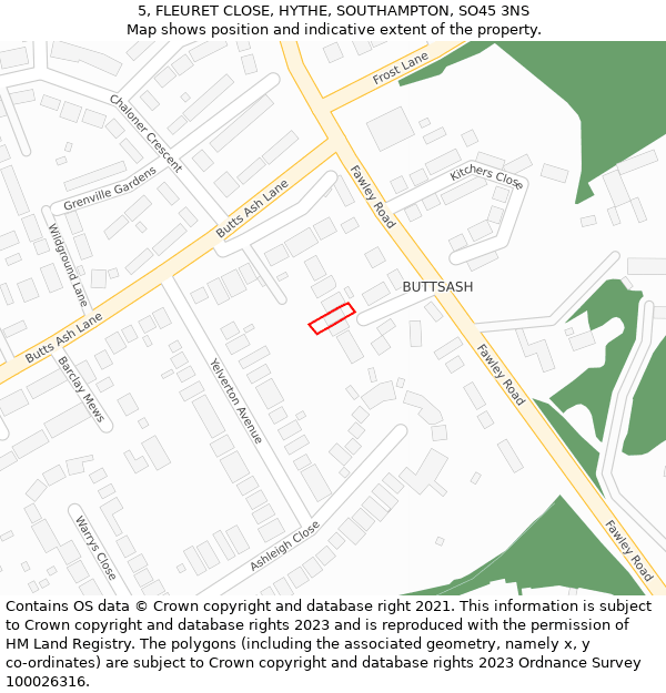 5, FLEURET CLOSE, HYTHE, SOUTHAMPTON, SO45 3NS: Location map and indicative extent of plot