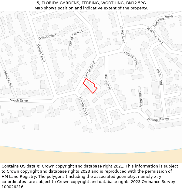 5, FLORIDA GARDENS, FERRING, WORTHING, BN12 5PG: Location map and indicative extent of plot