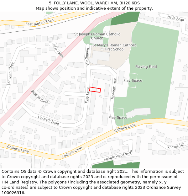 5, FOLLY LANE, WOOL, WAREHAM, BH20 6DS: Location map and indicative extent of plot