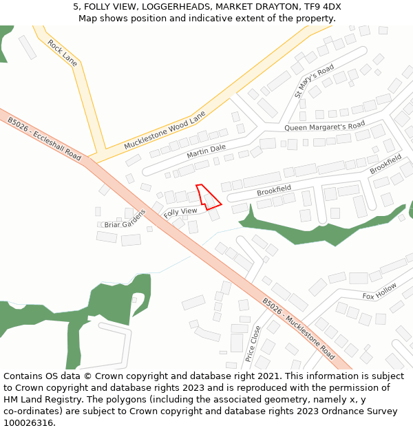 5, FOLLY VIEW, LOGGERHEADS, MARKET DRAYTON, TF9 4DX: Location map and indicative extent of plot