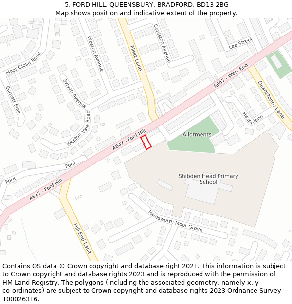 5, FORD HILL, QUEENSBURY, BRADFORD, BD13 2BG: Location map and indicative extent of plot