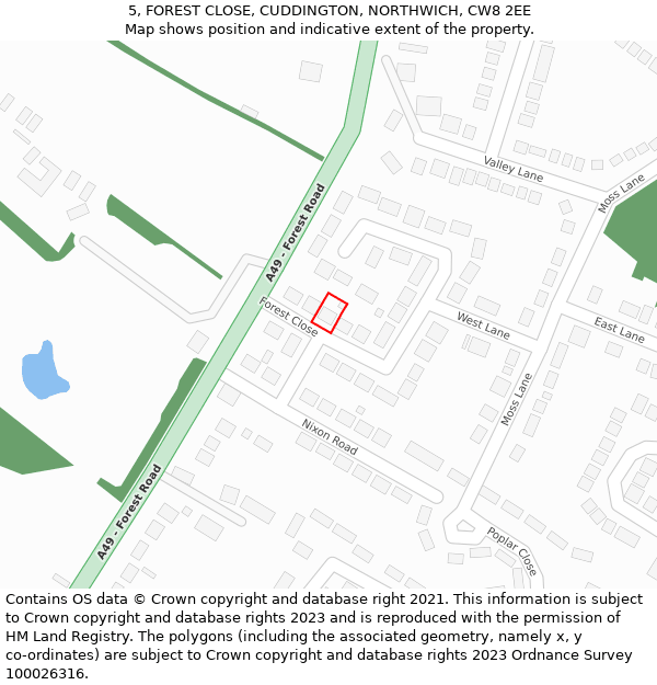 5, FOREST CLOSE, CUDDINGTON, NORTHWICH, CW8 2EE: Location map and indicative extent of plot