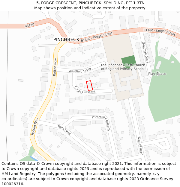 5, FORGE CRESCENT, PINCHBECK, SPALDING, PE11 3TN: Location map and indicative extent of plot