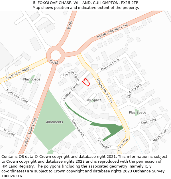 5, FOXGLOVE CHASE, WILLAND, CULLOMPTON, EX15 2TR: Location map and indicative extent of plot