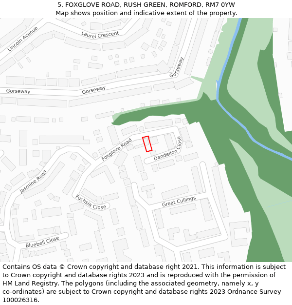 5, FOXGLOVE ROAD, RUSH GREEN, ROMFORD, RM7 0YW: Location map and indicative extent of plot