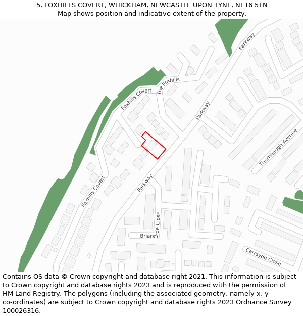 5, FOXHILLS COVERT, WHICKHAM, NEWCASTLE UPON TYNE, NE16 5TN: Location map and indicative extent of plot