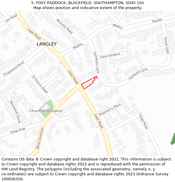 5, FOXY PADDOCK, BLACKFIELD, SOUTHAMPTON, SO45 1SA: Location map and indicative extent of plot