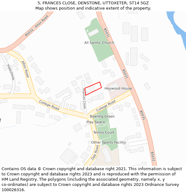 5, FRANCES CLOSE, DENSTONE, UTTOXETER, ST14 5GZ: Location map and indicative extent of plot