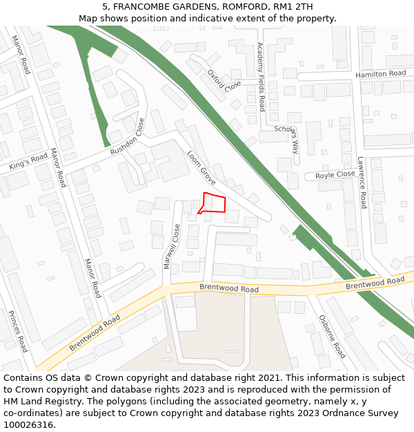 5, FRANCOMBE GARDENS, ROMFORD, RM1 2TH: Location map and indicative extent of plot