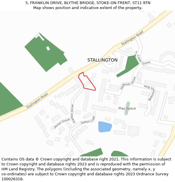 5, FRANKLIN DRIVE, BLYTHE BRIDGE, STOKE-ON-TRENT, ST11 9TN: Location map and indicative extent of plot