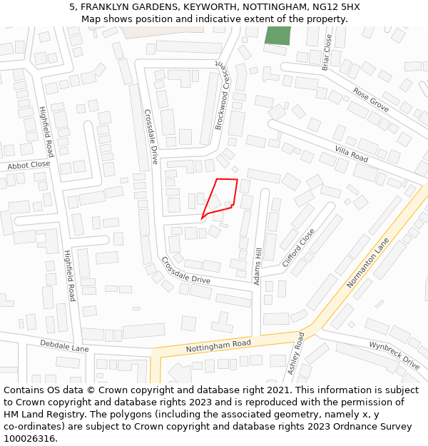 5, FRANKLYN GARDENS, KEYWORTH, NOTTINGHAM, NG12 5HX: Location map and indicative extent of plot