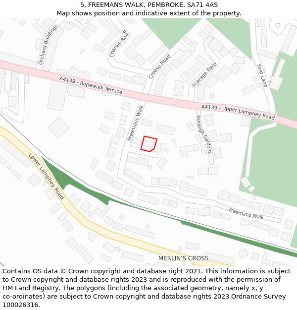 5, FREEMANS WALK, PEMBROKE, SA71 4AS: Location map and indicative extent of plot