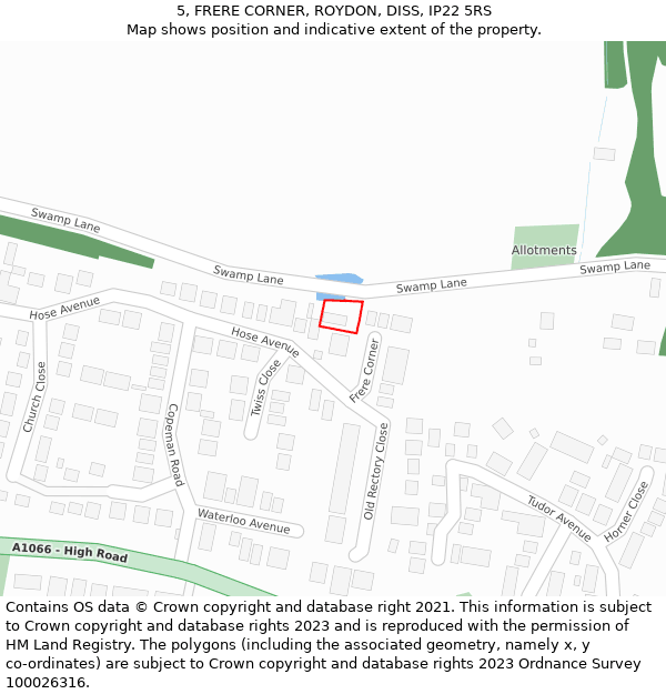 5, FRERE CORNER, ROYDON, DISS, IP22 5RS: Location map and indicative extent of plot